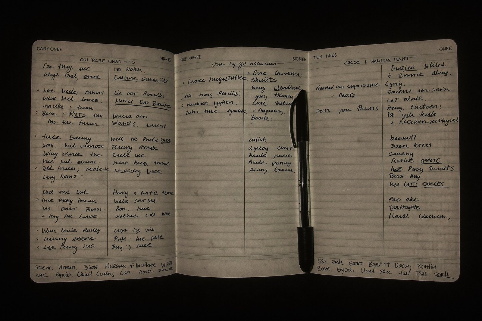 An open handwritten trading journal with a pen resting on it, monitor glow in the background