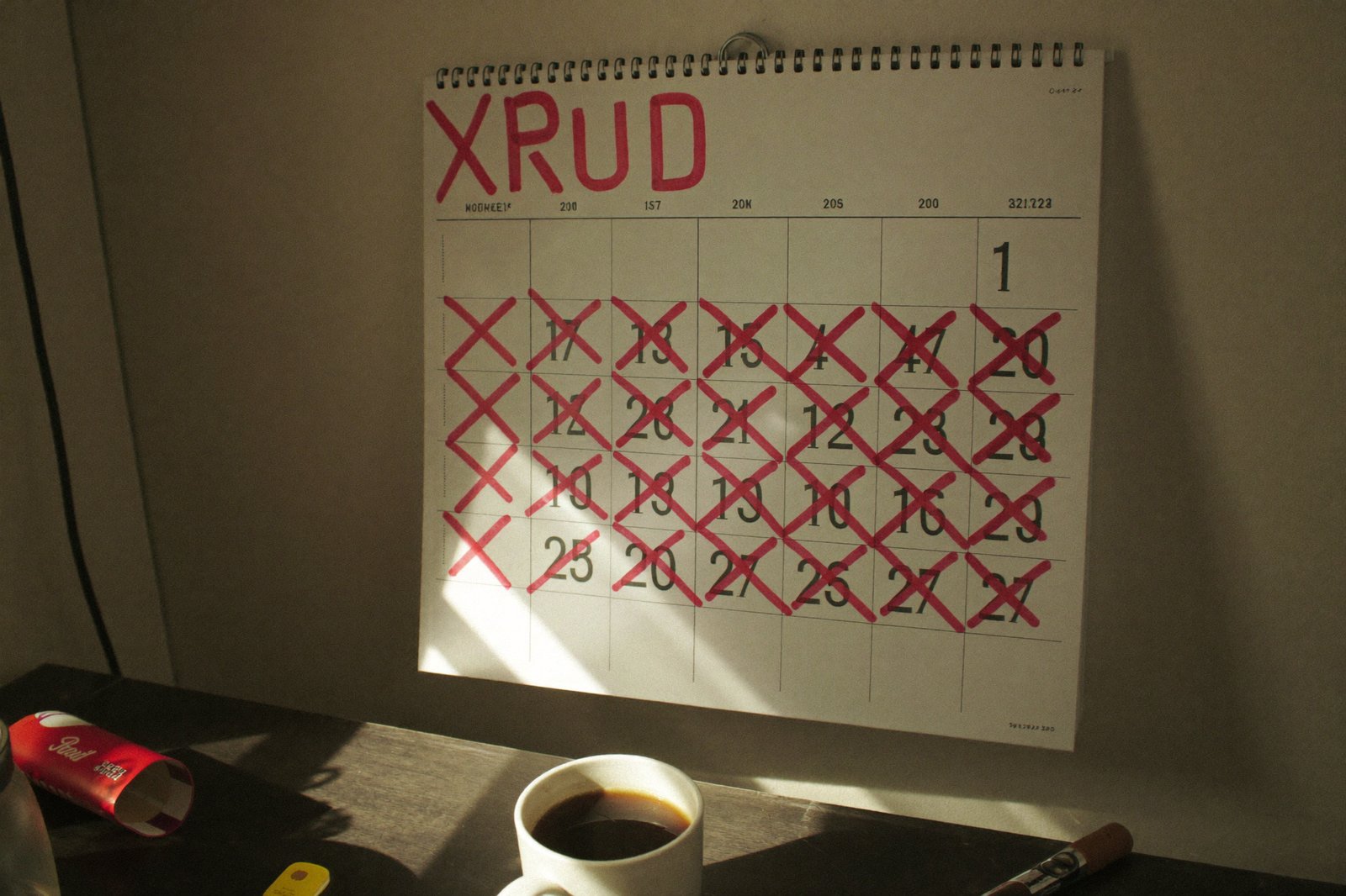 A wall calendar with a long chain of hand-drawn X marks, morning light across a kitchen table