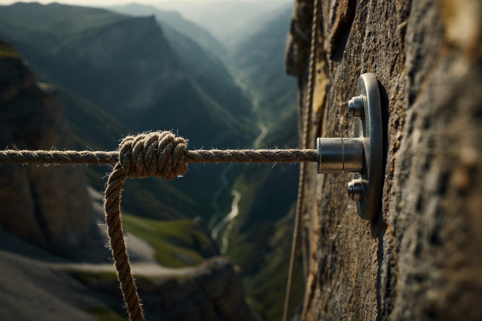 A climbing rope clipped into a secure anchor point on a rock face, valley far below