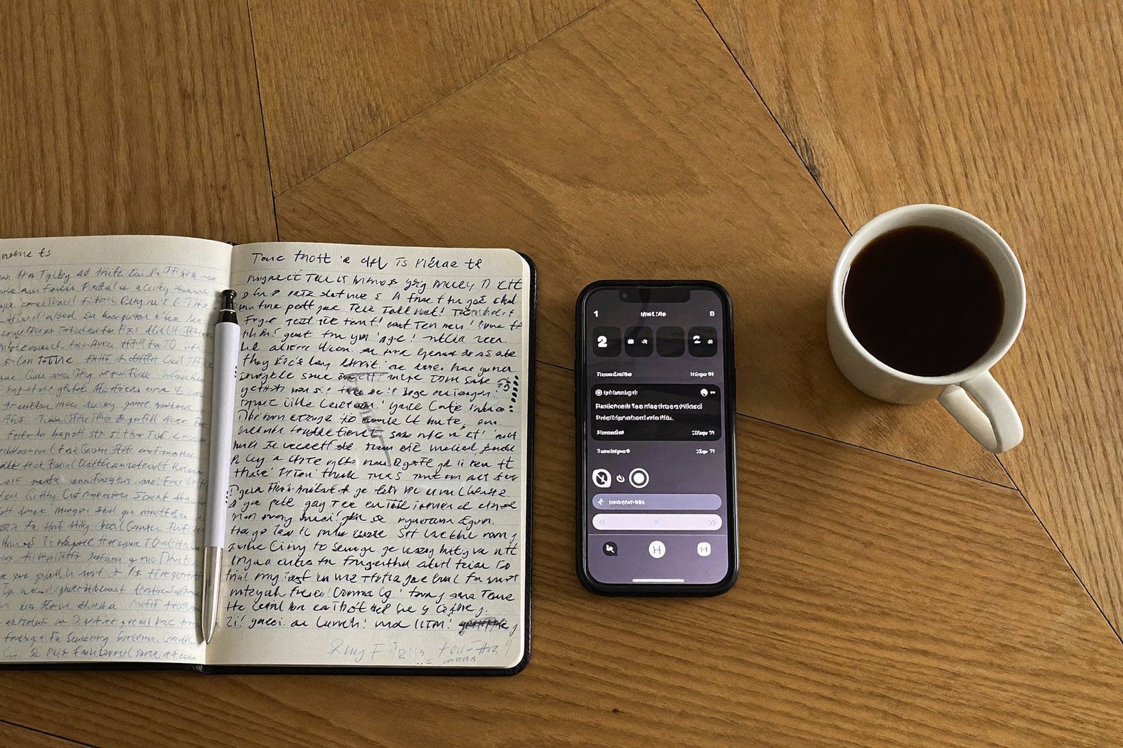 A phone face-down on a wooden table next to an open notebook and a cup of coffee