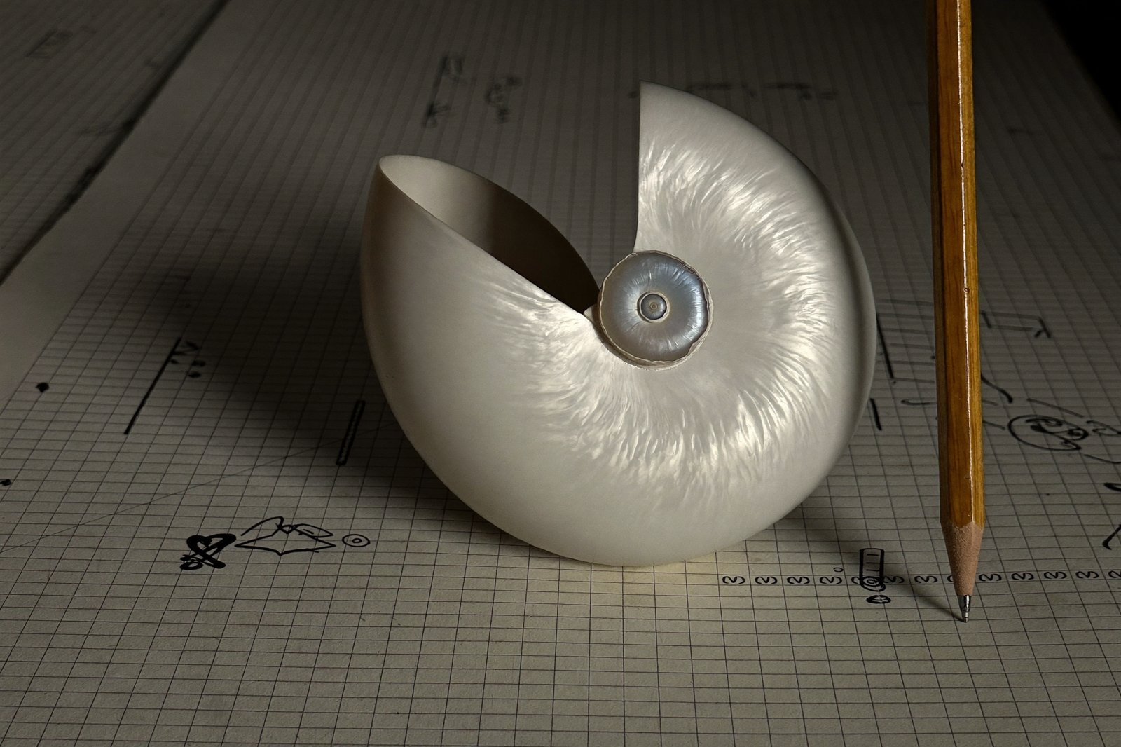 A nautilus shell showing its natural spiral resting on graph paper with a pencil beside it