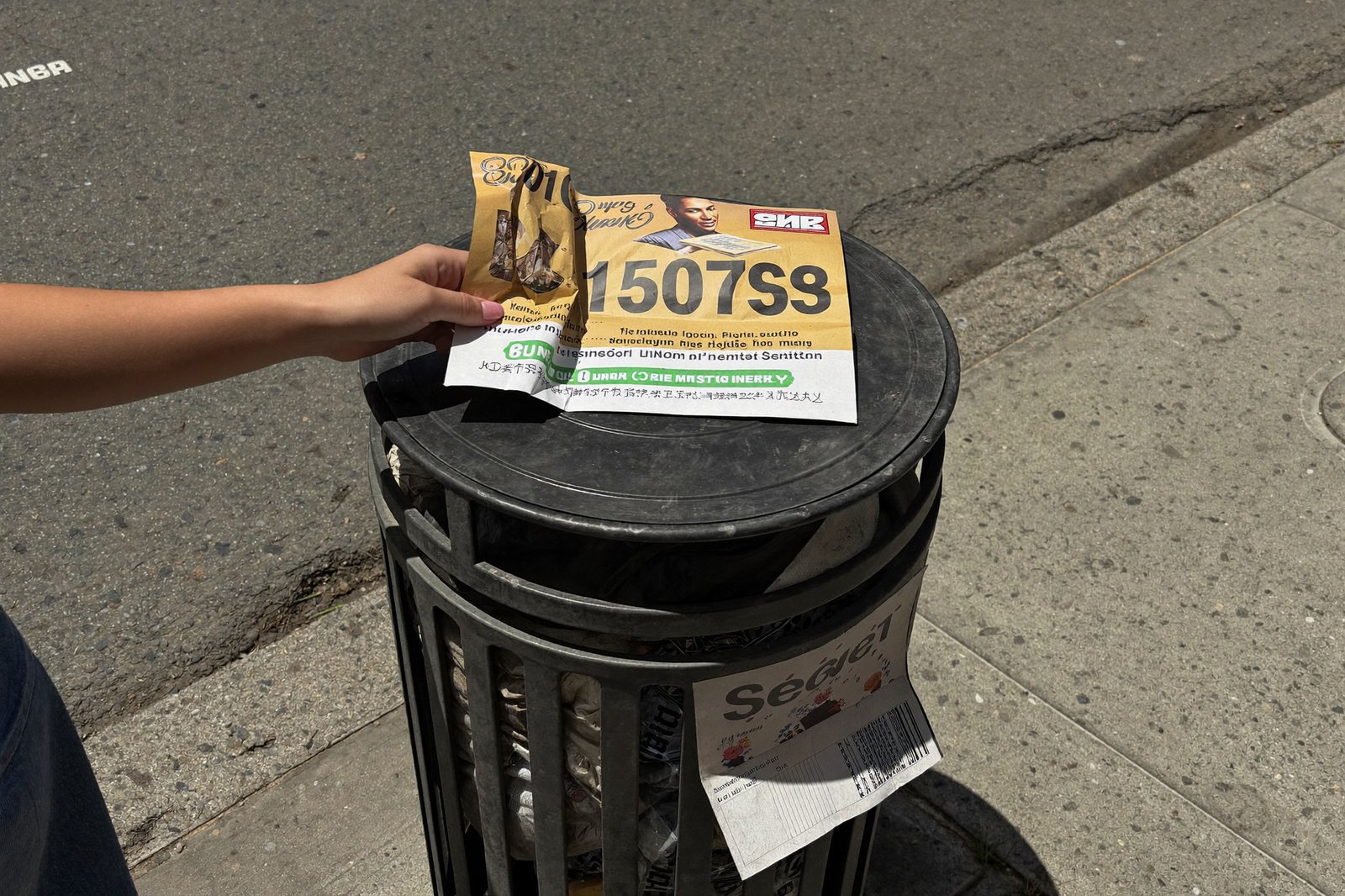 A hand holding a flyer promising fast money over a trash can, city sidewalk background