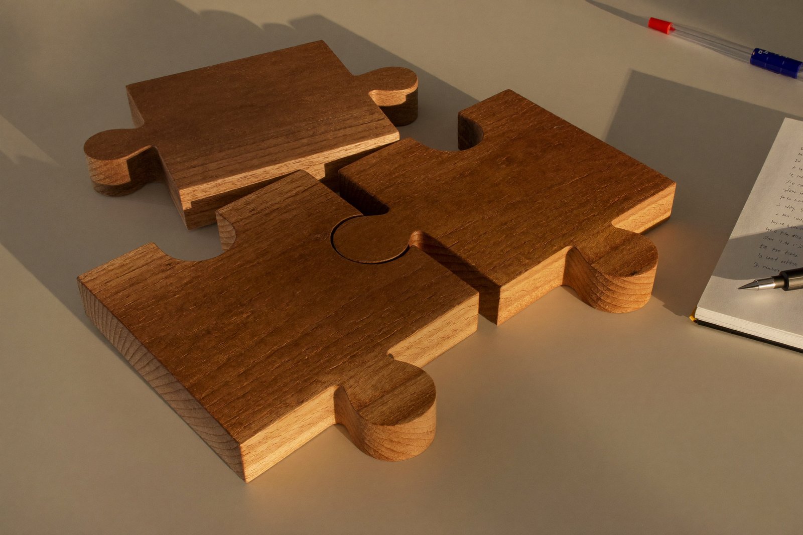 Three wooden puzzle pieces fitted together on a desk beside a notebook, warm afternoon light