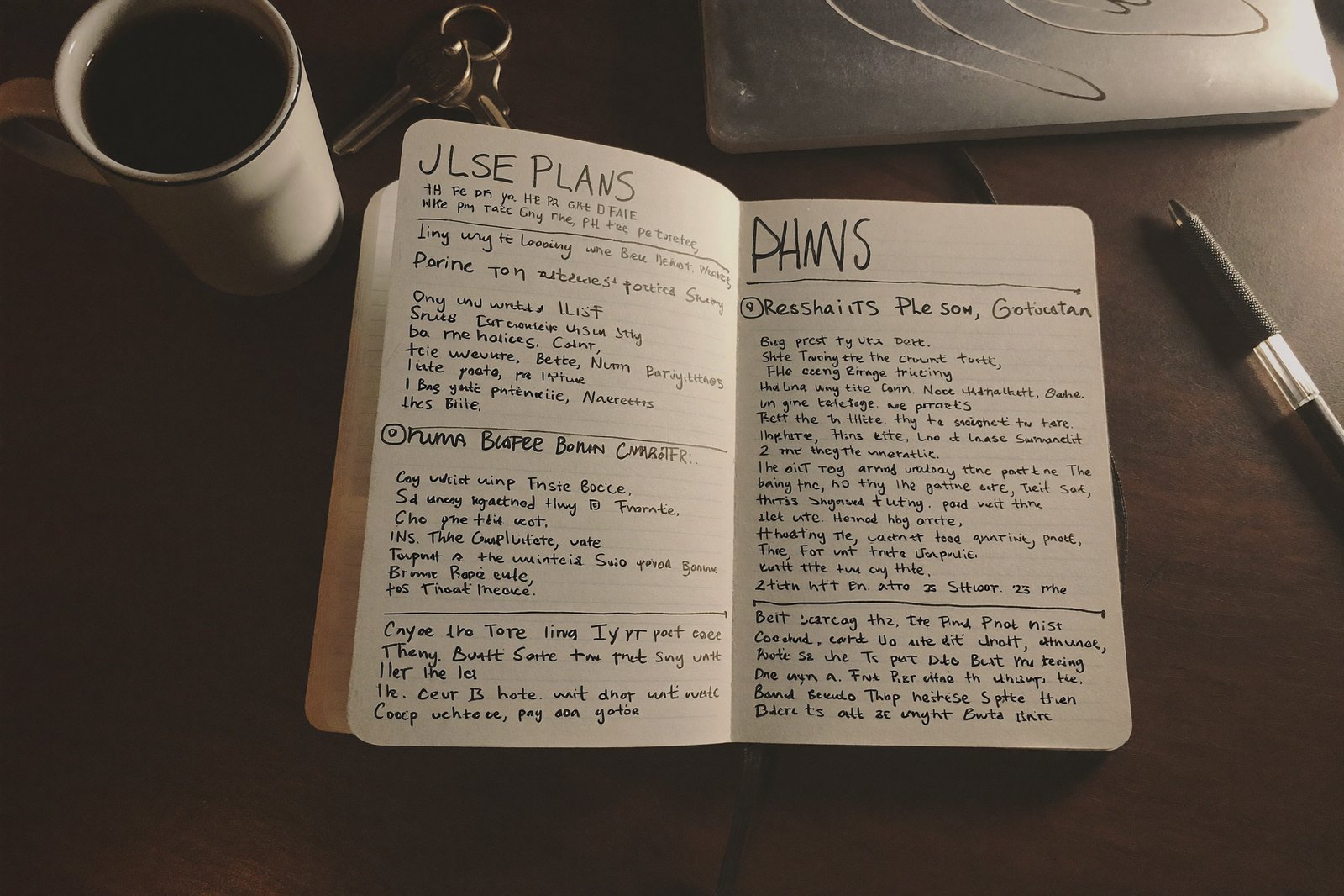 A founder's desk with a hand-drawn business plan in an open notebook, keys and a pen resting on the page