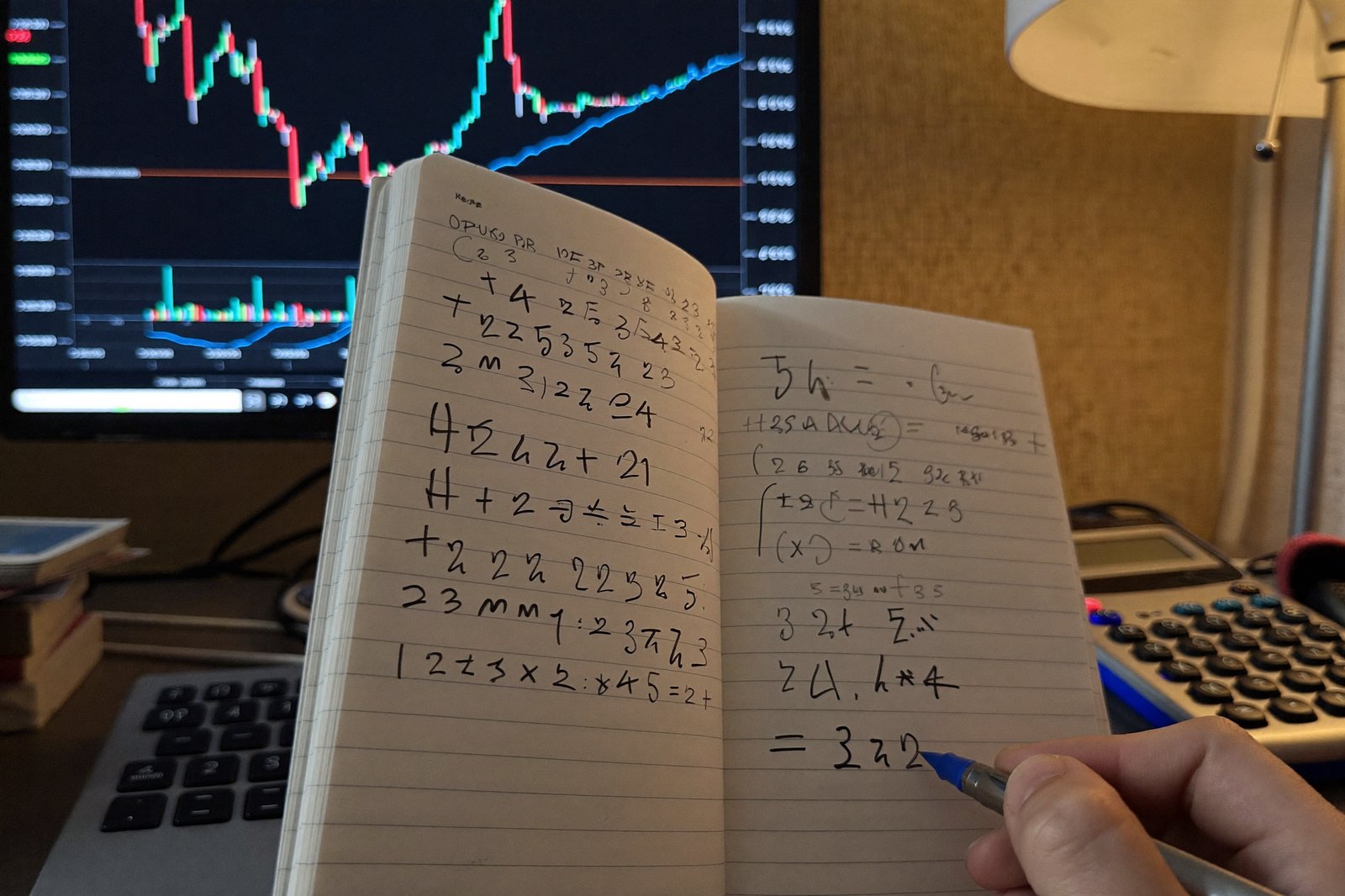 A hand writing position size calculations on a notepad beside a monitor showing a candlestick chart