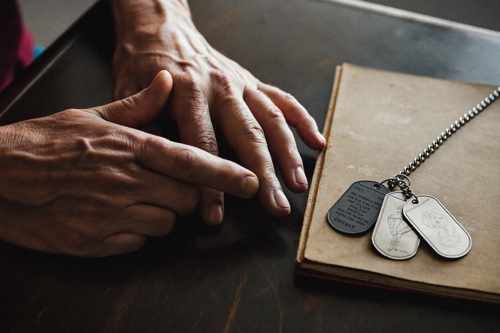 Close-up of weathered hands resting on a desk beside a worn notebook and a set of military dog tags