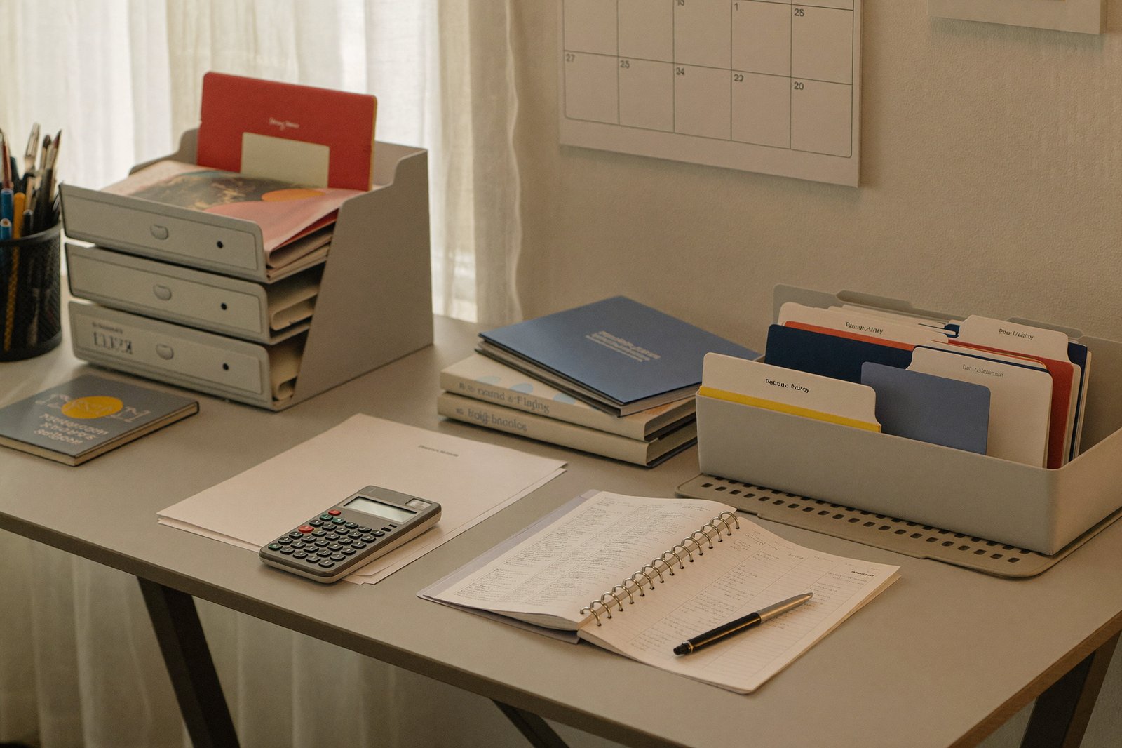 An organized home office desk with a paper ledger, calculator, labeled folders and a wall calendar, morning light