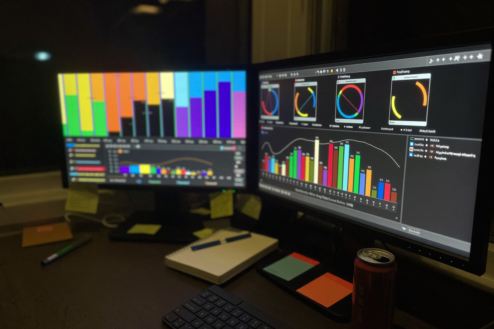 A media buyer's desk with two monitors of ad performance dashboards in a dim office